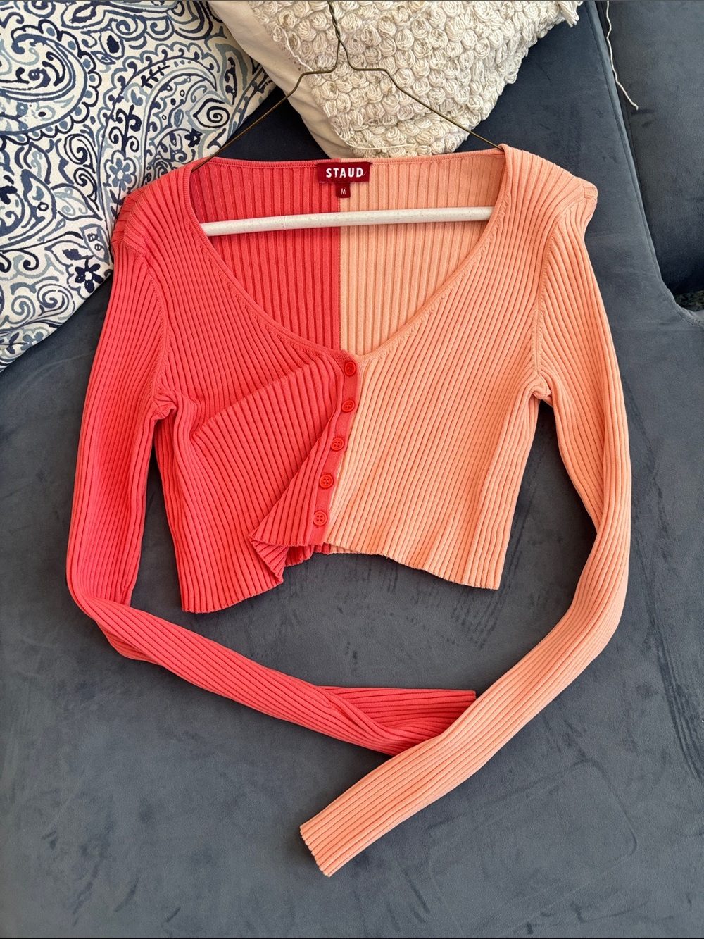 STAUD Two-Tone Ribbed Button-Front Long Sleeve Crop Top in Coral & Peach